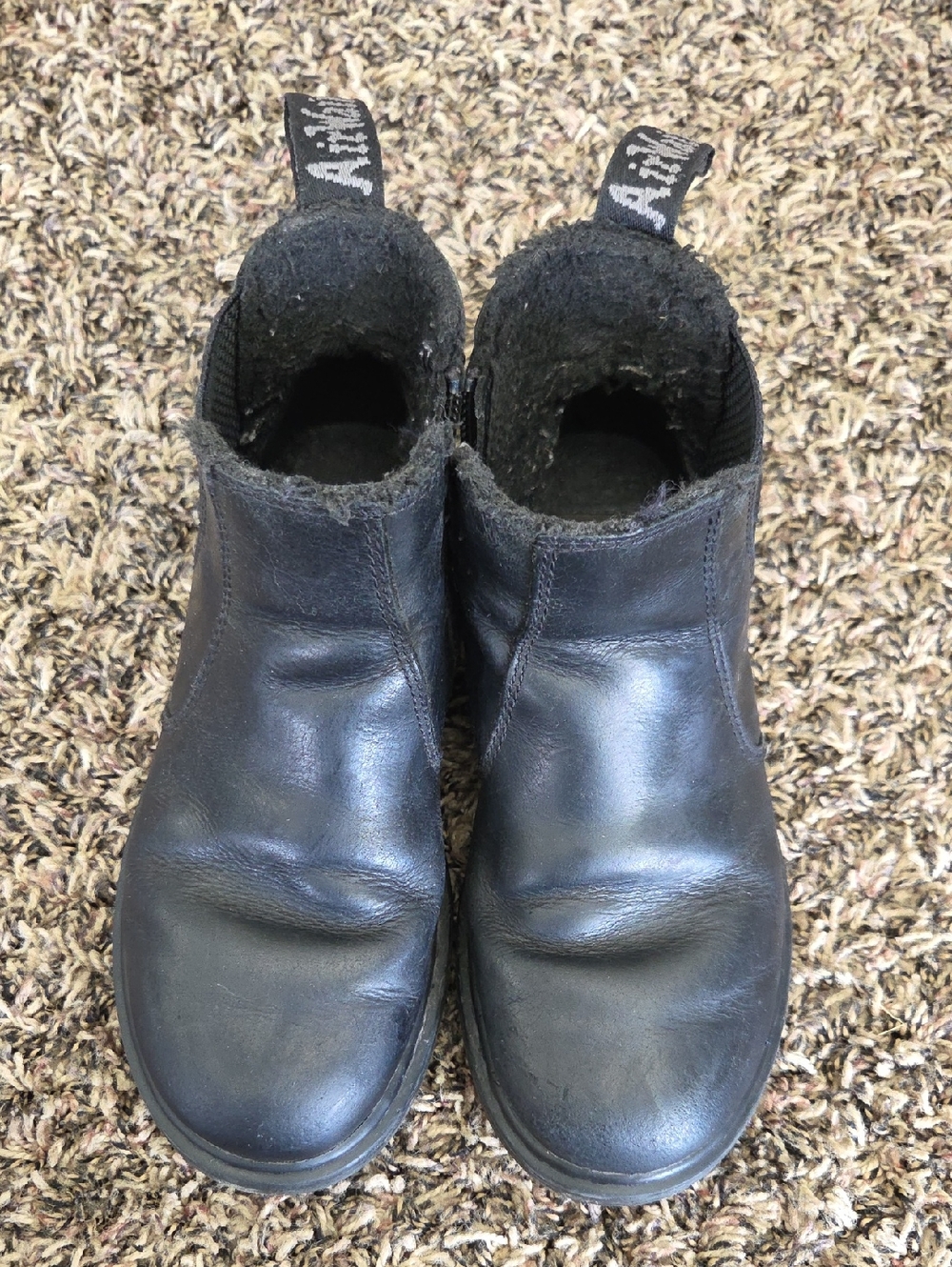 Kids Size 1 Black Leather DR MARTEN Zip Up Ankle Boots with Pull Tabs